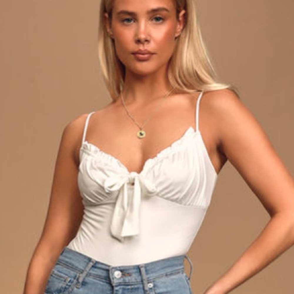 Knot Not Down White Ruffled Tie-Front Bodysuit